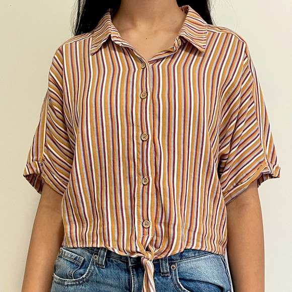 Garage Striped Button-Up Collar Shirt with Knot - Picture 1 of 3